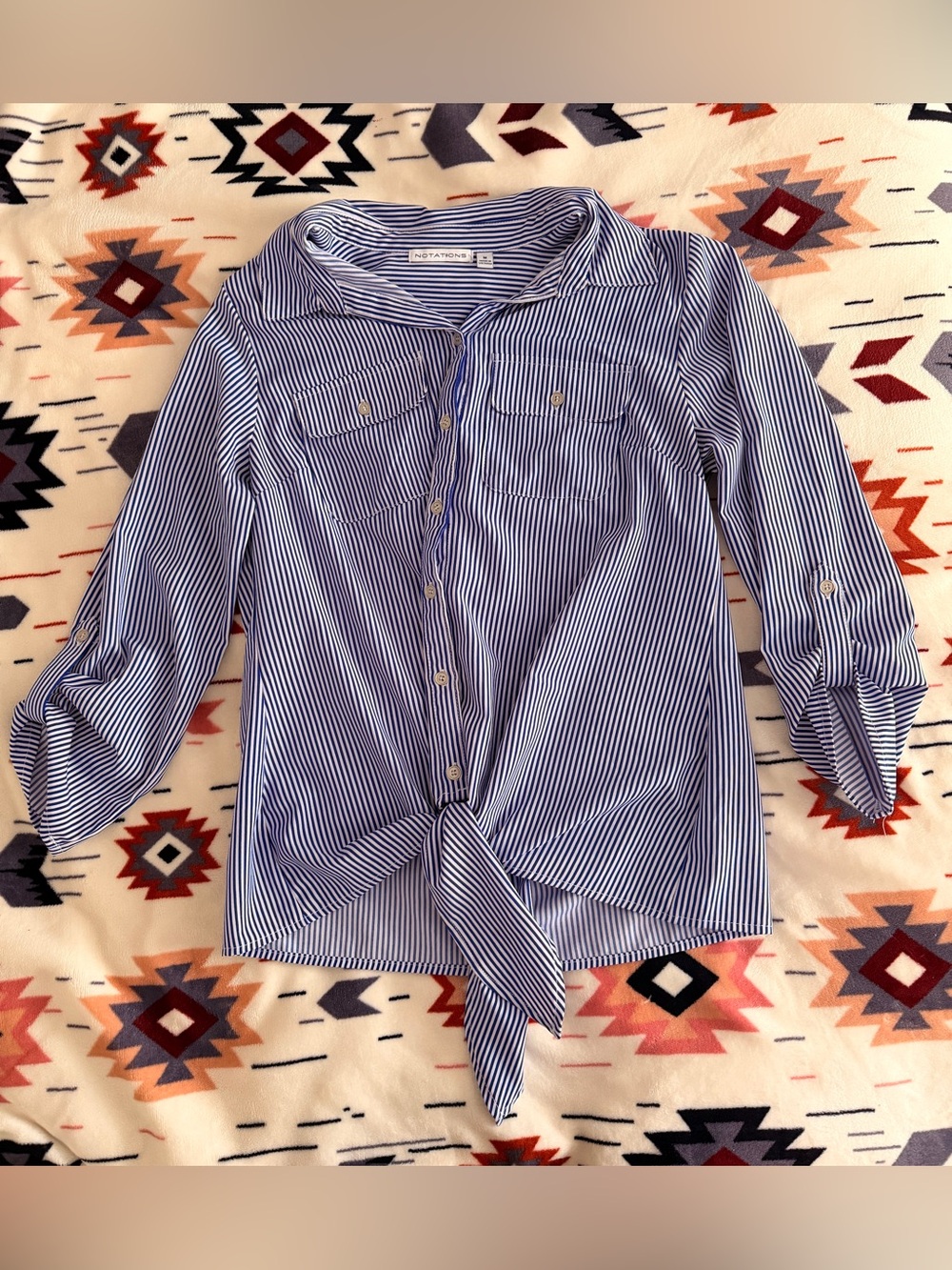 Notations Blue and White Striped Button-Up Shirt